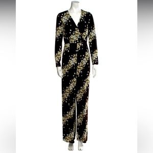 DIANE VON FURSTENBERG Black Floral Print V-Neck Wide-Leg Jumpsuit EUC Size 8